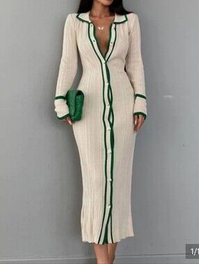 MICA Ribbed Knit Long Sweatdress Cream With Green Trim Wrinkle Travel Elegant L